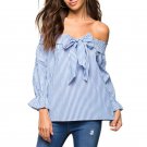 2017 Off Shoulder Summer Top Long Flare Sleeve Women Blouses Striped Ladies Office Shirts Bowknot Ti