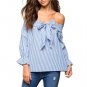 2017 Off Shoulder Summer Top Long Flare Sleeve Women Blouses Striped Ladies Office Shirts Bowknot Ti