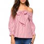 2017 Off Shoulder Summer Top Long Flare Sleeve Women Blouses Striped Ladies Office Shirts Bowknot Ti