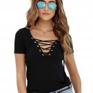 Casual Short Sleeve V-neck Lace Up Shirts Hollow Out Women Blouses Autumn White Cotton Ladies Summer