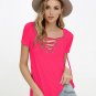 Casual Short Sleeve V-neck Lace Up Shirts Hollow Out Women Blouses Autumn White Cotton Ladies Summer