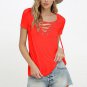 Casual Short Sleeve V-neck Lace Up Shirts Hollow Out Women Blouses Autumn White Cotton Ladies Summer