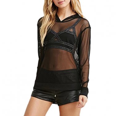 Ladies Black Mesh Tops 2017 Summer Hooded Blouse Femme 4X 5XL Transparent Women Shirt Sweatshirt Plu