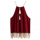 New Arrival Fashion Women Lace Trimmed Tasselled Drawstring Blouse Wine Red Tops shirt Sleeveless Pa