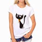 CDJLFH brand Summer Women blouse fashion white shirt black little black cat print O-NECK Casual Shor