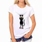 CDJLFH brand Summer Women blouse fashion white shirt black little black cat print O-NECK Casual Shor