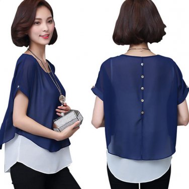 Summer Women Short Sleeve Blouse Fake Two Pieces Fashion Chiffon Blouses Casual Shirt Tops JL