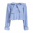 Hot Women Off Shoulder Tops Bow Vertical Striped Vogue Summer Feminine Long Sleeve Slash Neck Blue C