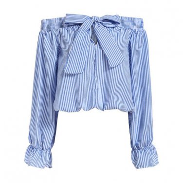 Hot Women Off Shoulder Tops Bow Vertical Striped Vogue Summer Feminine Long Sleeve Slash Neck Blue C