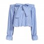 Hot Women Off Shoulder Tops Bow Vertical Striped Vogue Summer Feminine Long Sleeve Slash Neck Blue C