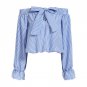 Hot Women Off Shoulder Tops Bow Vertical Striped Vogue Summer Feminine Long Sleeve Slash Neck Blue C