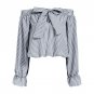 Hot Women Off Shoulder Tops Bow Vertical Striped Vogue Summer Feminine Long Sleeve Slash Neck Blue C