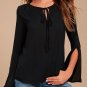 Fashion Women Flared Long Split Sleeve Loose Tops OL Office Shirt Lace Up Blouses New Stylish Womens