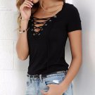 Lace Up Women Blouses Plus Size Solid Hollow Out Shirt Short Sleeves Sexy Banage Top Summer Loose Bl