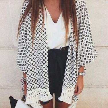 2016 New Design Vintage Women Mini Plaid Chiffon Blouses  Lace Fringes Tassels  Kimono Cardigan  Blo
