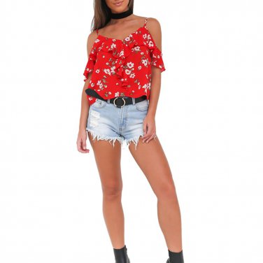 Women Girls Casual Basic Summer Chiffon Blouse Gallus Printing Floral Sexy Tank Tops Shirt Off Shoul