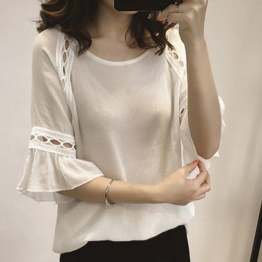 Women Summer Chiffon Blouse Lace Hollow Shirts Flare 3/4 Sleeve Office Clothing Tops JL