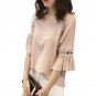 Women Summer Chiffon Blouse Lace Hollow Shirts Flare 3/4 Sleeve Office Clothing Tops JL