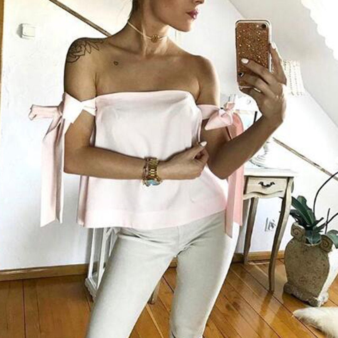 New Women Summer Sexy Fashion Shoulder off Slash Neck Backless Short Sleeves Bownot Bandage Blouse