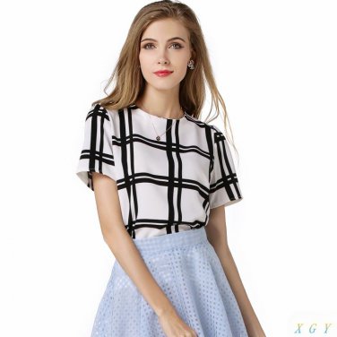 Hotsale New Summer OL Style Ladies All-match Black White Plaid Short Sleeved Chiffon Shirts Women To