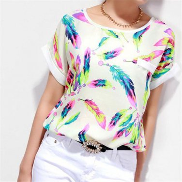 Women Feathers Printed Chiffon Shirt Casual Short Sleeve Loose T-Shirt Summer Chiffon Casual Elegant
