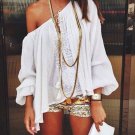Summer Fashion Women Boho Loose Tops Off Shoulder Sexy Lace T-shirt White