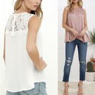 Fashion Summer 1PC Sexy Women Tops Lace Stitching Sleeveless Blouse Casual Hollow Tank Tops Solid Fe