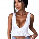 Fashion Summer Women Crop Tops Sexy Deep-V Solid Color Backless Sleeveless Blouse Ruffle Hem Ladies 