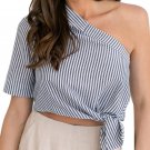 2017 Women Sexy One Shoulder Irregular Bandage Striped Blouses Fashion Short Sleeve Shirts Backless 