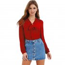 Women Solid Color Vogue Summer Autumn Lace Up Bowknot Blouses Shirts Chiffon Full Sleeve Fashion Cas