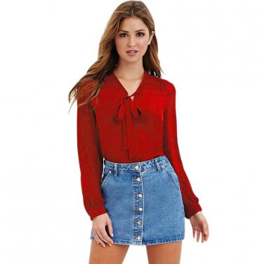 Women Solid Color Vogue Summer Autumn Lace Up Bowknot Blouses Shirts Chiffon Full Sleeve Fashion Cas