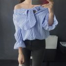 2017 Fashion Summer Autumn Sexy Slash Neck Bow Blouse Shirt Womens Tops Casual Blue Striped Shirt Lo