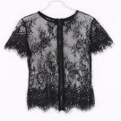 Sexy Women Blusas Femininas Black Short Sleeve O Neck Hollow Out Sexy Lace Top with  Zipper