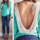 Backless Summer Fashion Women Casual Lace T Shirt Green Black Gray Long Sleeve Tee Shirts Tops Size 