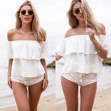 2016 New Summer Women Ruffle Off-Shoulder Solid Color Chiffon Loose Top Blouse