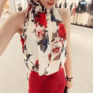 2017 Summer Sexy Crop Top Sexy Women Blusa Chiffon Sleeveless High Ruffle Neck Floral Print Shirt To