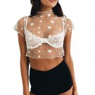 Women Shirt Short Sleeve Crop Perspective Hollow Out Lace Blouse Tops Transparent seductive Tank top
