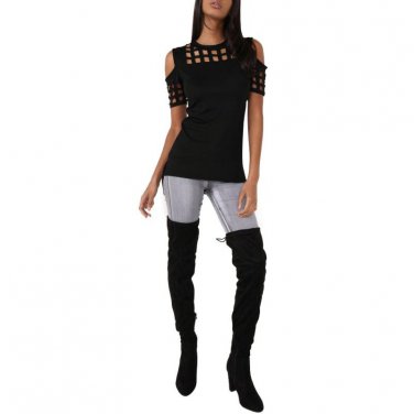 New Women\'s Short Sleeve Blouse Tops Shirts Bodycon Hollow Out Block Cold Shoulder Cotton Shirts Sl