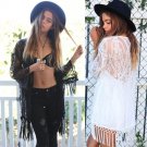 Women Sexy See Through Lace Cardigan Shirt Casual Long Sleeve Blouse Tassels Top