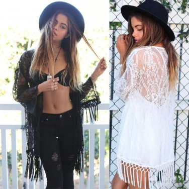 Women Sexy See Through Lace Cardigan Shirt Casual Long Sleeve Blouse Tassels Top