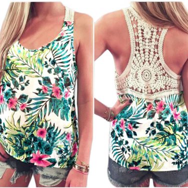 Summer Lace Patchwork Vest Sleeveless blusas Camisa feminina Casual t shirt women tops Ladies Floral