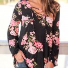 Spring New Fashion Women V-neck Lace Up Floral Print Loose Casual Long Sleeve Blouse Shirt Casual Wo