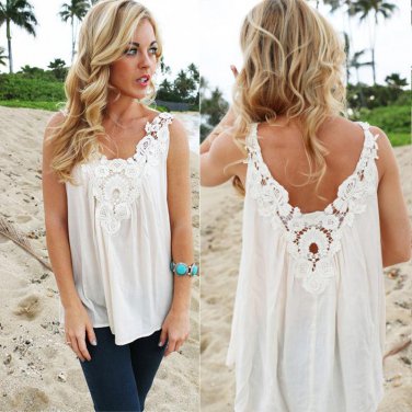 Women V Back Floral Cutwork Vest Top Sleeveless Blouse Casual Tank Tops T-Shirt