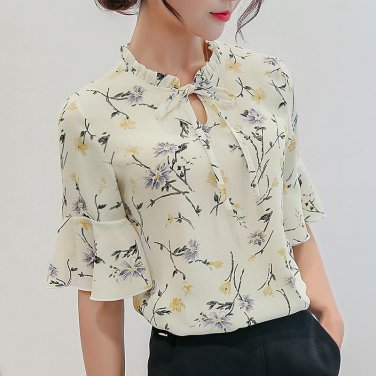 Women Blouses 2018 Chiffon Print Ruffles Sleeved Blusas Work Shirts For Womens Elegant  Blouses Plus