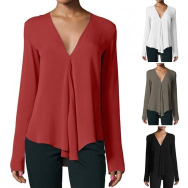 Spring Autumn Women Chiffon Shirt Long Sleeve Blouse Sexy V Neck Solid Color Tops Office Lady Shirts
