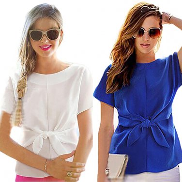 2016 New Blue Women Summer Blouses Chiffon Shirt Short Sleeves Bottoming Shirt O-Neck Girls T Tops W