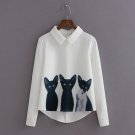 Fashion Cartoon Cat New Brand Women\'s Loose Chiffon Three Cats Tops Long Sleeve Casual Blouse Autum