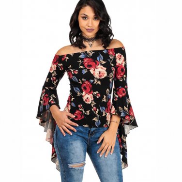 New Fashion The Printed Word Shoulder Big Trumpet Sleeve Blouse Female Shirt Blouse size S-XL In sto