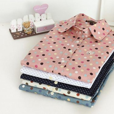 2017 Autumn Spring Women\'s Blouse Polka Dot Casual Lapel Shirt Colorful Long Sleeve Cotton Tops Shi