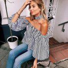 Fashion Sexy Women Off The Shoulder Blouses  Casual Loose Long Sleeve Shirts Striped Tops S